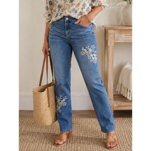 J. Jill Weekender Straight Leg Floral Embroidered Jeans Petite Size 4 Stretch